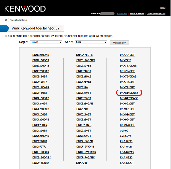 Screenshot: Selecteer DNX8160DABS